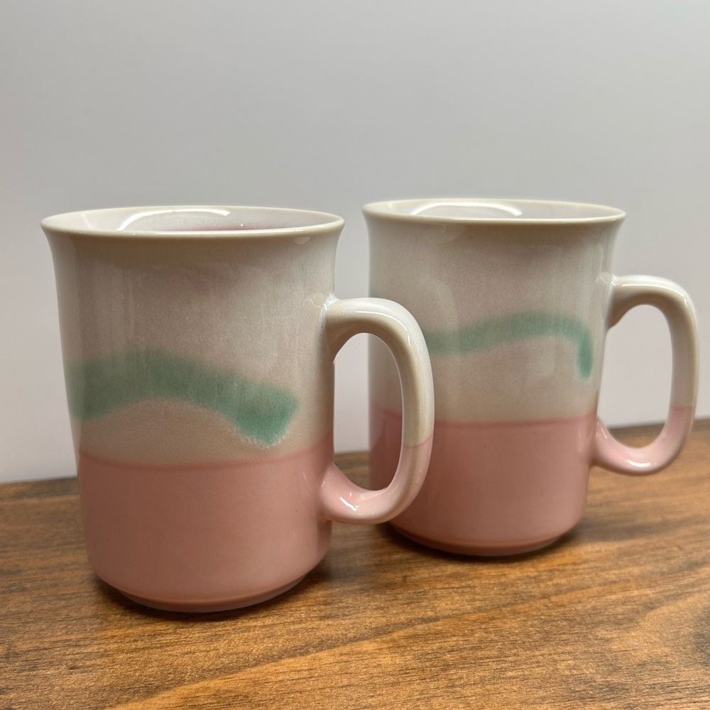 Vintage 80’s Stoneware Mugs Set Of Two Pink Mint Green & Cream In Colour - Picture 2 of 11